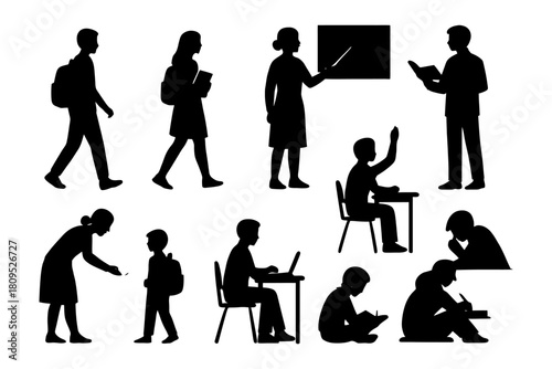 Silhouettes of students and teachers in various classroom activities.