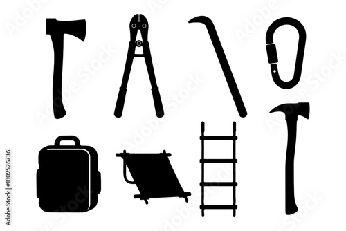 Silhouette collection of outdoor adventure and camping tools.