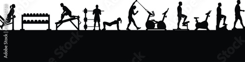 Gym workout silhouettes, fitness training, exercise equipment, bodybuilding, cardio workout, strength training, healthy lifestyle, sports activity, gym routine, physical exercise illustration
