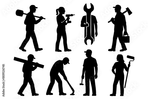 Silhouettes of diverse workers with tools in various trades.