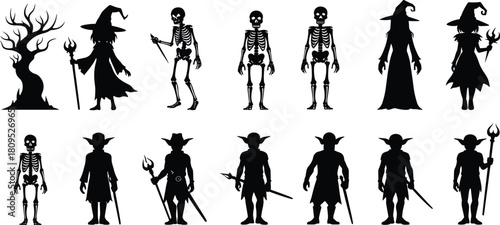 Halloween silhouette illustration, fantasy characters vector, witch wizard skeleton goblin design, spooky tree art, dark magic, horror theme graphic
