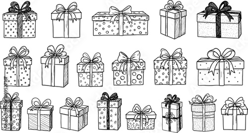 Hand drawn gift boxes, festive holiday presents, sketch style illustration, decorative ribbons and bows, Christmas celebration design, birthday party packaging artwork