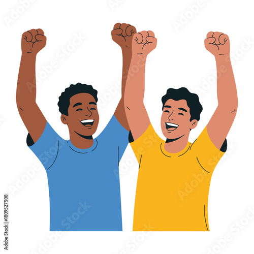 Two friends raise their arms in victory and celebrate together with joy.