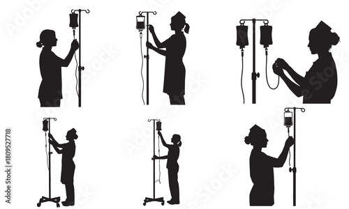 Collection of medical professional silhouettes adjusting iv drip stands in various poses silhouette