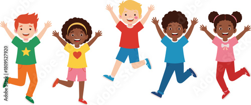 Happy children jumping, diverse kids illustration, joyful cartoon characters, multicultural group of boys and girls, smiling faces, playful childhood, friendship, unity, fun