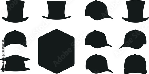 Hat silhouettes collection, top hat, baseball cap, graduation cap, fashion accessory, headwear design, vector illustration, clothing style, apparel icon