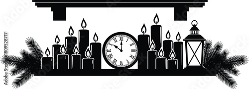 Holiday candlelight decoration, festive winter shelf decor, Christmas clock with candles, pine branches, lantern, warm cozy seasonal home interior