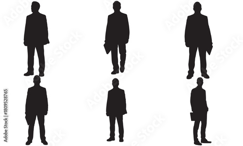 Collection of six diverse male business professional silhouettes standing in a clean white background silhouette