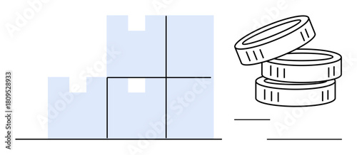 Cartoon-style stack of boxes paired with coins suggesting supply management, logistics, trade, profit, investment, warehouses, and financial planning. Ideal for simple flat metaphor