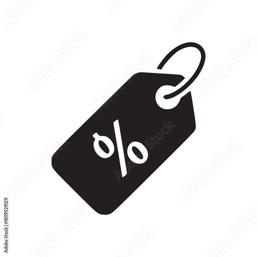 A black price tag with a percentage sign on it isolated on a white plain background in the upper right corner