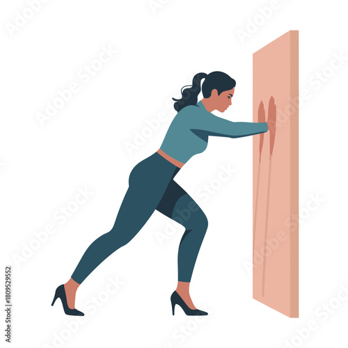 A determined woman pushes against a wall, representing effort and perseverance.