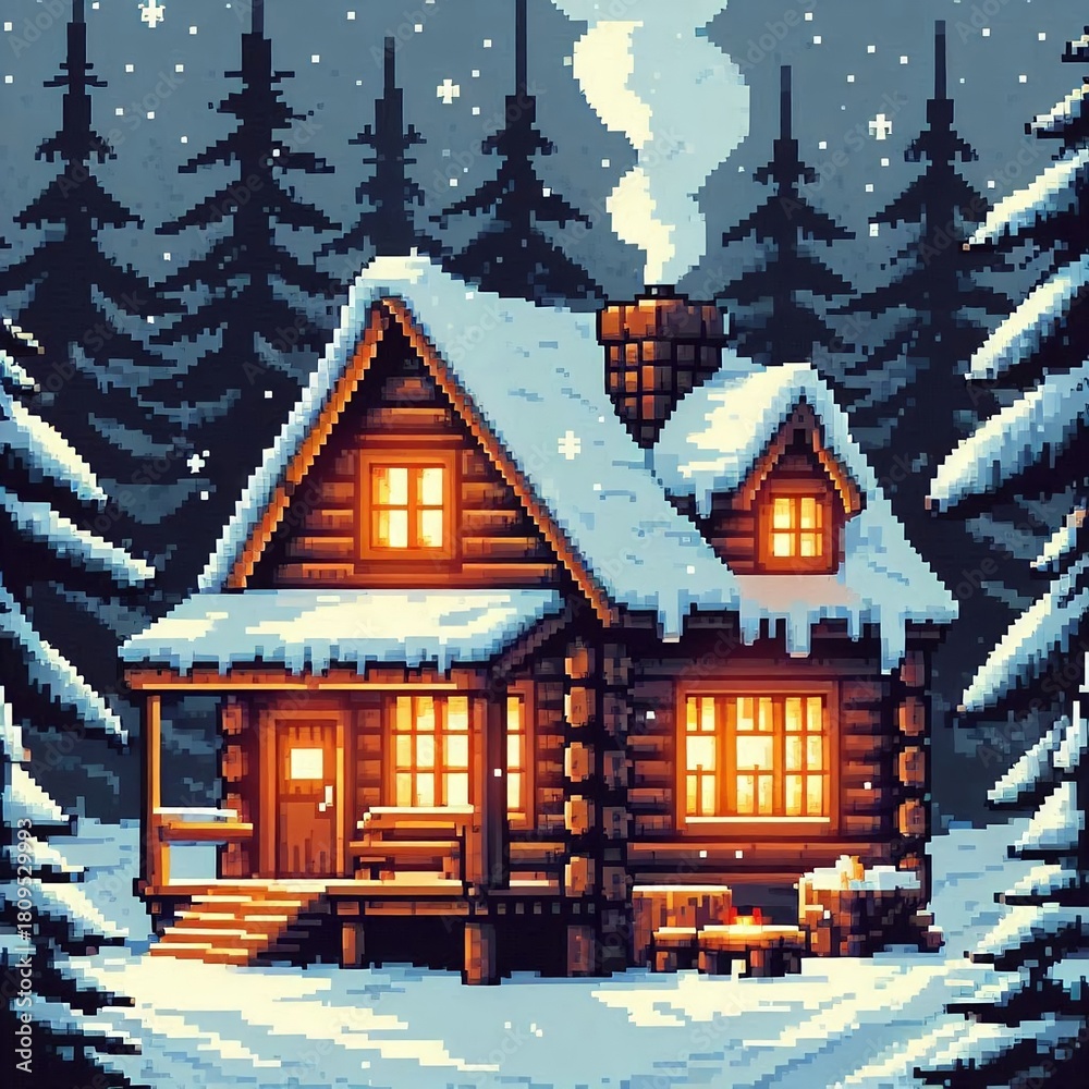 Fototapeta premium Cozy Winter Cabin in Snowy Pine Forest Pixel Art