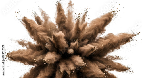 Brown powder explosion captured mid-air with fine particles scattering isolated on a transparent background