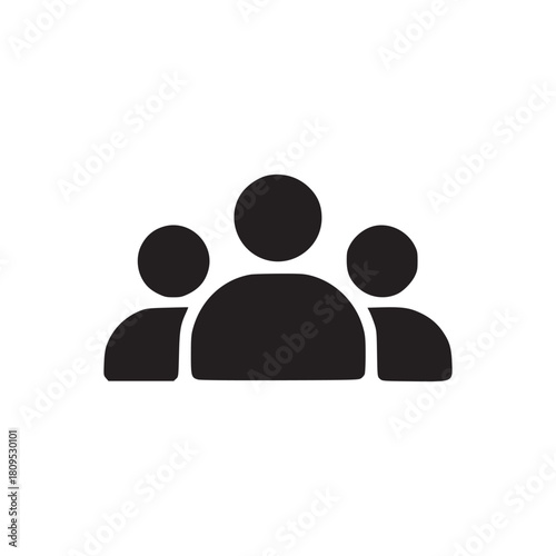 A simple black and white graphic depicting a group of three stylized figures on a white background