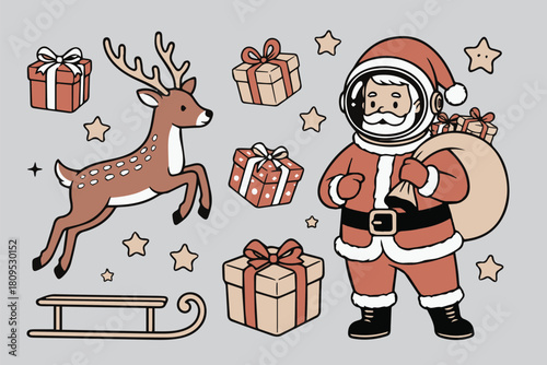 Space Santa with Jetpack Reindeer – Futuristic Christmas Vector Set