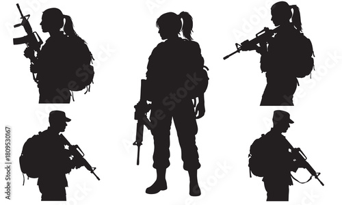 Collection of diverse military soldier silhouettes posing with rifles and backpacks silhouette