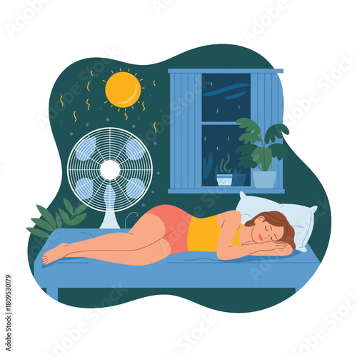 A person sleeps peacefully on a bed with a fan providing a cool breeze during a warm evening.