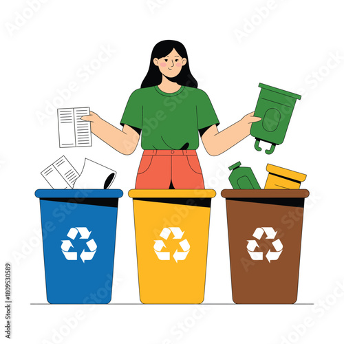 A woman sorts recycling into bins for paper, plastic, and glass.