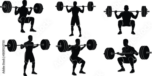 Black Silhouette Vector Set of Men Performing Heavy Barbell Squats and Lifts, Illustrating Weightlifting, Strength Training, Fitness, and Powerlifting