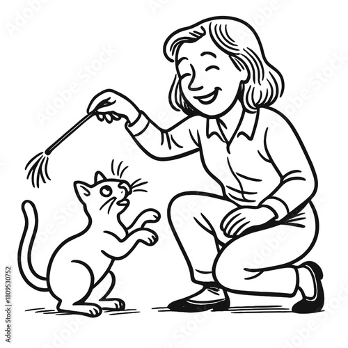 Joyful playtime with cat and owner, flat vector illustration in simple style