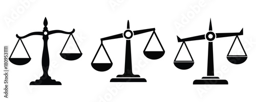 Justice scale icon set. Court symbol on white transparent and Balancing scale
