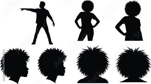 Black Silhouette Vector Set of People with Afro Hairstyle, Including Pointers, Standing Figures, and Profile Views, Illustrating Diversity, Identity, and Style