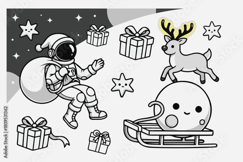Space Santa with Jetpack Reindeer – Futuristic Christmas Vector Set