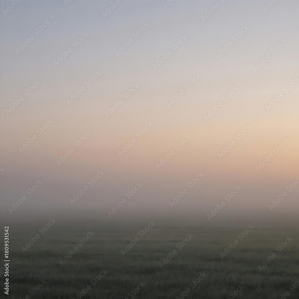 Fototapeta premium A peaceful field covered in low soft fog during sunrise. Pastel sky, natural gradients.