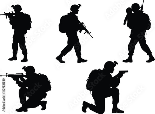 Black Silhouette Vector Set of Soldiers in Combat Gear, Featuring Rifle Poses and Carrying a Child, Symbolizing Military Duty, War, and Protection