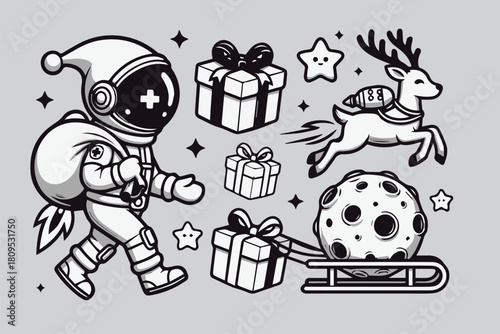 Space Santa with Jetpack Reindeer – Futuristic Christmas Vector Set