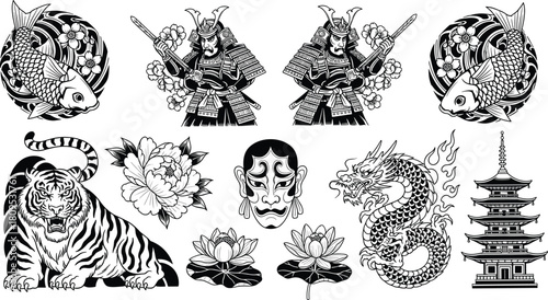 Japanese tattoo design collection, koi fish, samurai, tiger, dragon, mask, lotus, peony, pagoda, cultural symbols, flat vector