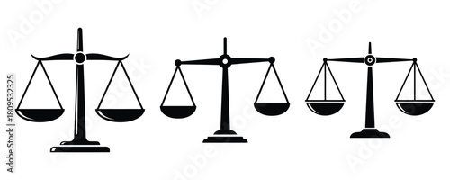 A classic black and white illustration of a justice scale or balance scale symbolizing law fairness and equality on a white background
