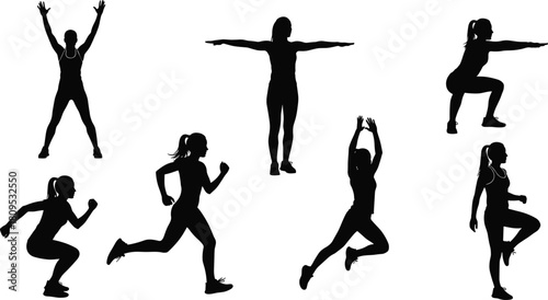 Black Silhouette Set of Women Engaged in Dynamic Fitness Activities Including Running, Jumping Jacks, Stretching, and Squats for Exercise and Healthy Lifestyle