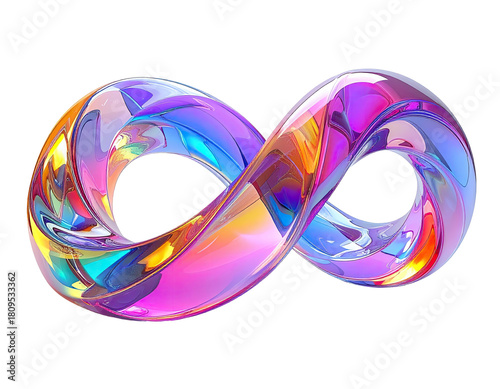 A glossy, abstract infinity symbol with vibrant, iridescent color gradients against a black backdrop