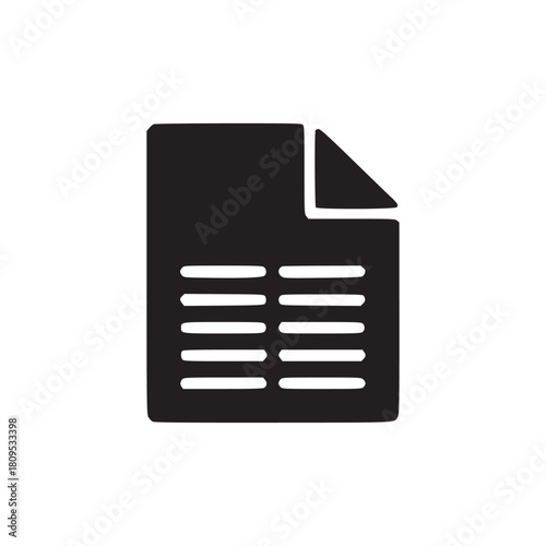 A black document icon with a folded corner and horizontal lines representing text on a white background