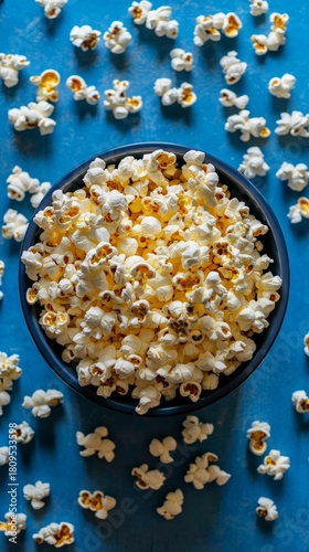 The golden popcorn kernels in the blue bowl create an appetising accent, perfectly complementing the visual range for cinema posters or menus as a bright background.