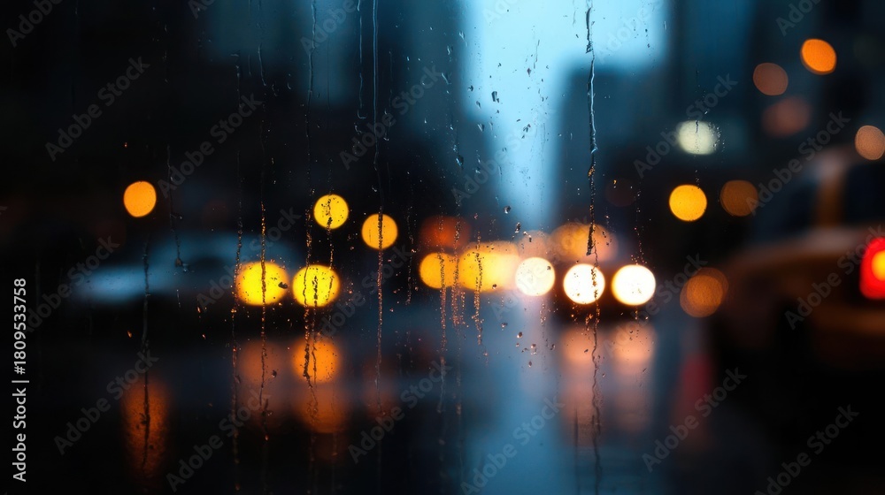 Obraz premium Rain kissed window pane capturing blurred city lights and urban reflections in the night