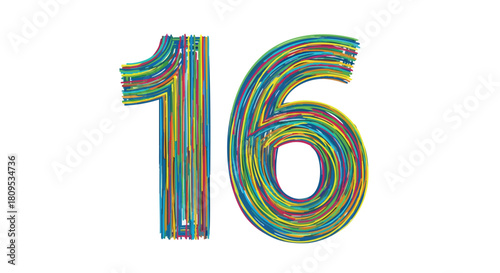 Vibrant sixteen composition: a colorful explosion of lines and form creating a playful graphic representation of the number sixteen on a white