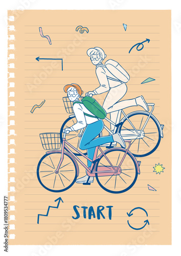 落書き風のイラスト 自転車に乗っている女性のイラスト リュック 帽子 買い物