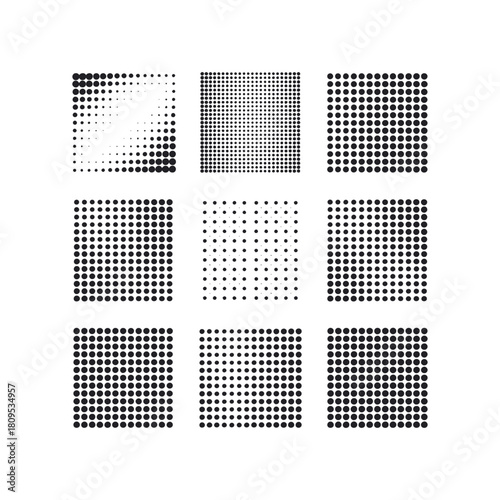 Nine square halftone patterns with varying dot density and arrangement