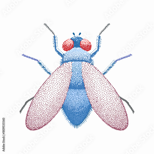 Halftone stipple illustration of a fly with grainy dotwork.