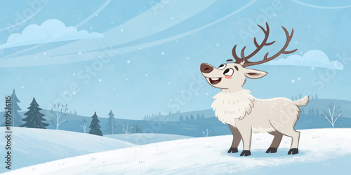 Vector christmas cartoon reindeer standing in a snowy landscape looking up at the sky on a winter day scene illustration