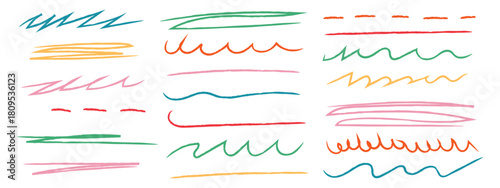 Colorful Charcoal, crayon rough underlines, rough straight lines, waves and squiggles. Pencil drawn strips and rough highlighters symbol. vector illustration.