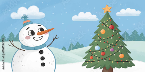 Vector christmas cartoon snowman with a carrot nose standing next to a christmas tree with ornaments and a star