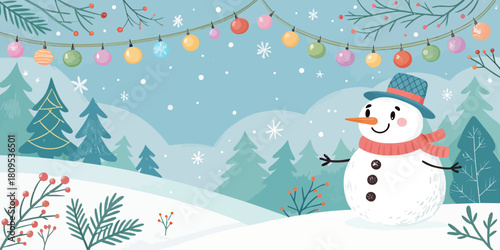Vector christmas illustration of a snowman in a winter scene with trees, snow, snowflakes and string lights above him