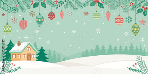 Vector christmas winter scene with decorated christmas ornaments hanging above a snow covered house and pine trees in the back