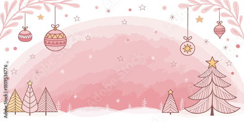 Vector christmas pink christmas background with ornaments, trees, stars and snowflakes in a festive winter scene