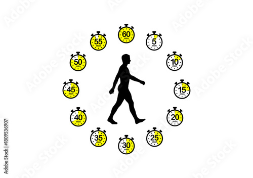 Silhouette of a walking person surrounded by stopwatches showing different times, symbolizing timing, pacing, and progress.