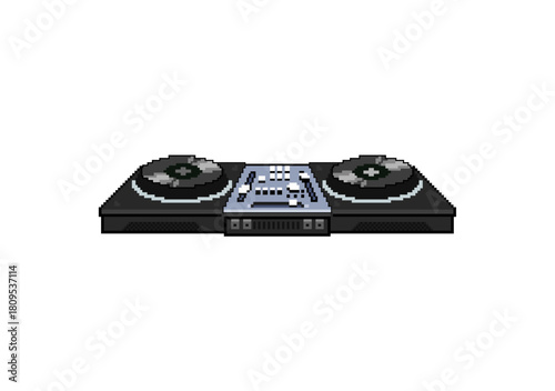 A pixel-style DJ controller featuring dual turntables and a central mixer, presented on a clean white background.