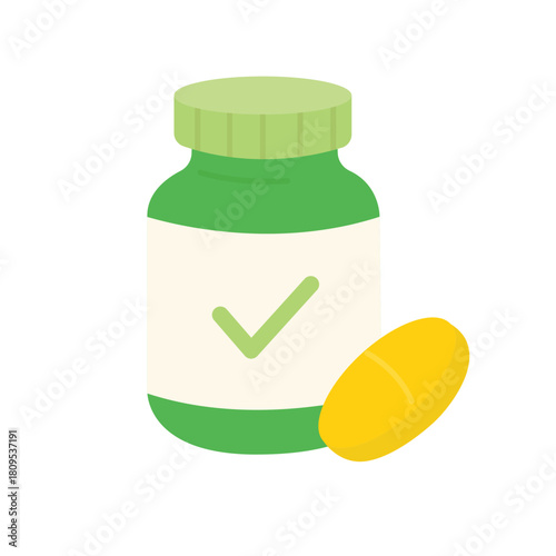 Supplement bottle with yellow capsule for medication or vitamin concepts